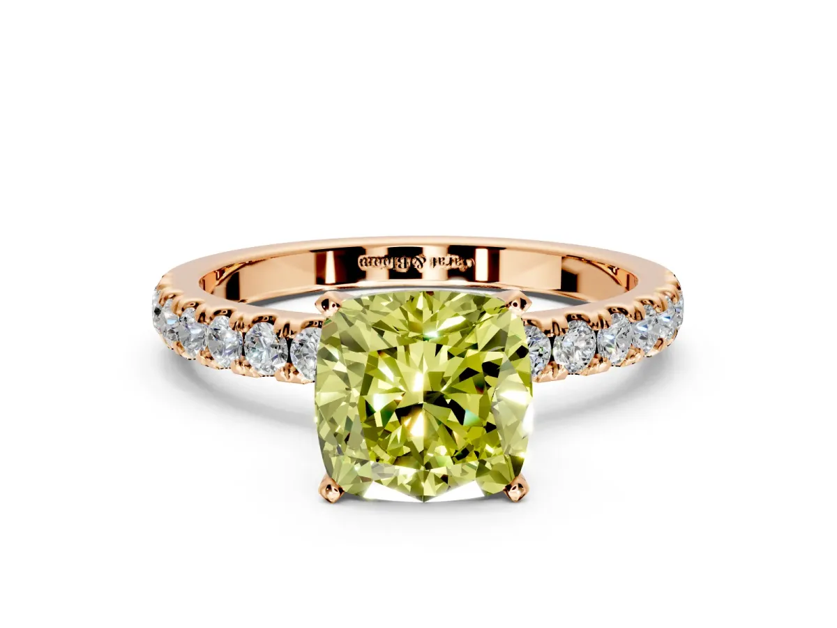 Open Basket Engagement Ring Setting for Fancy Yellow Cushion Cut Center with Pave Band and Prong Head in Rose Gold