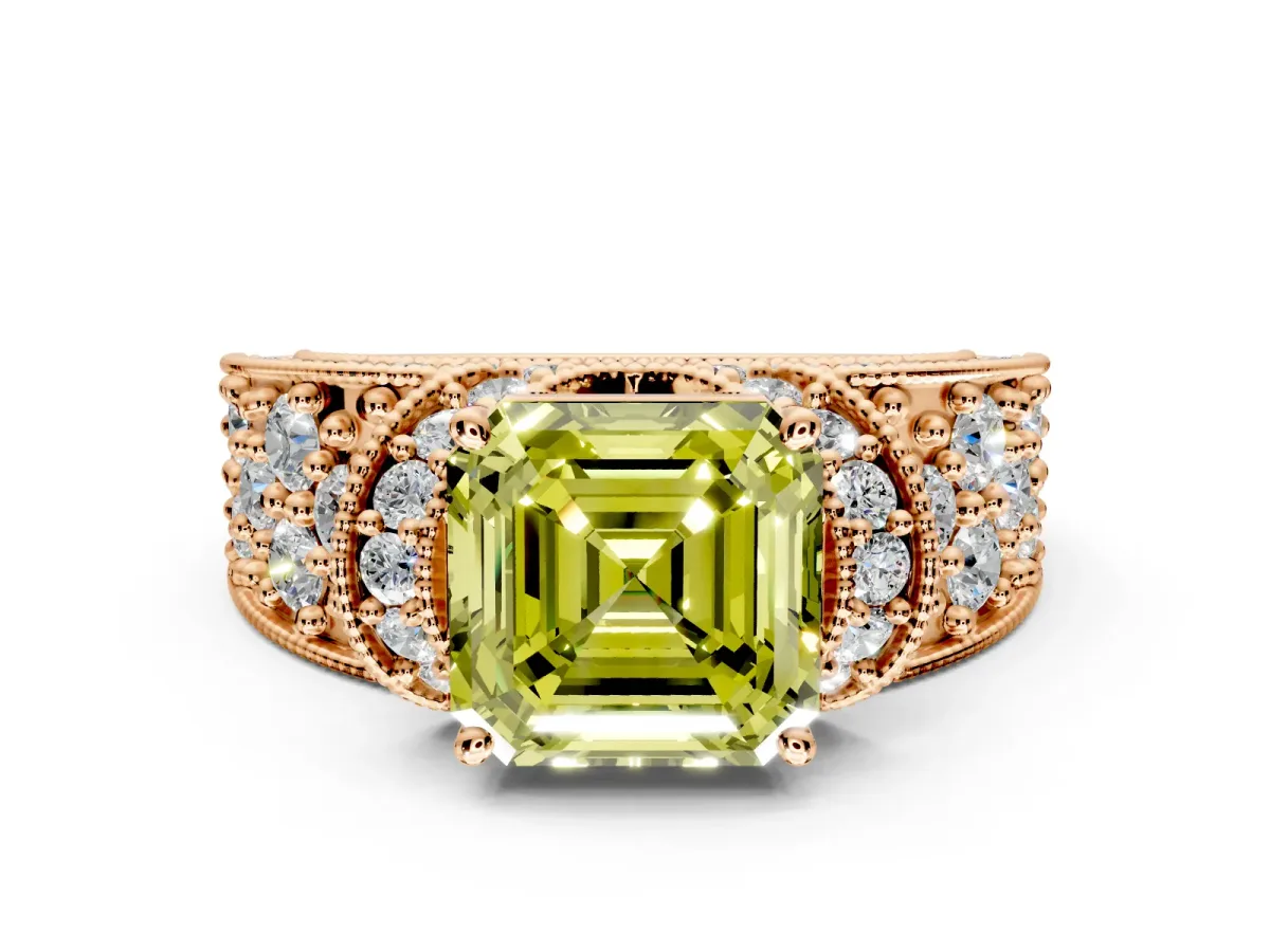 Pave Engagement Ring Setting for Fancy Yellow Asscher Cut Center with Curved Accent Rows, Openwork and Prong Head in Rose Gold