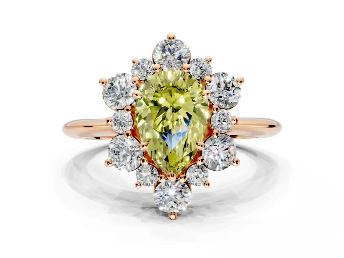 Small-Accent Cluster Halo Engagement Ring Setting for Fancy Yellow Pear-Shaped Center with Plain Band and Prong Head in Rose Gold