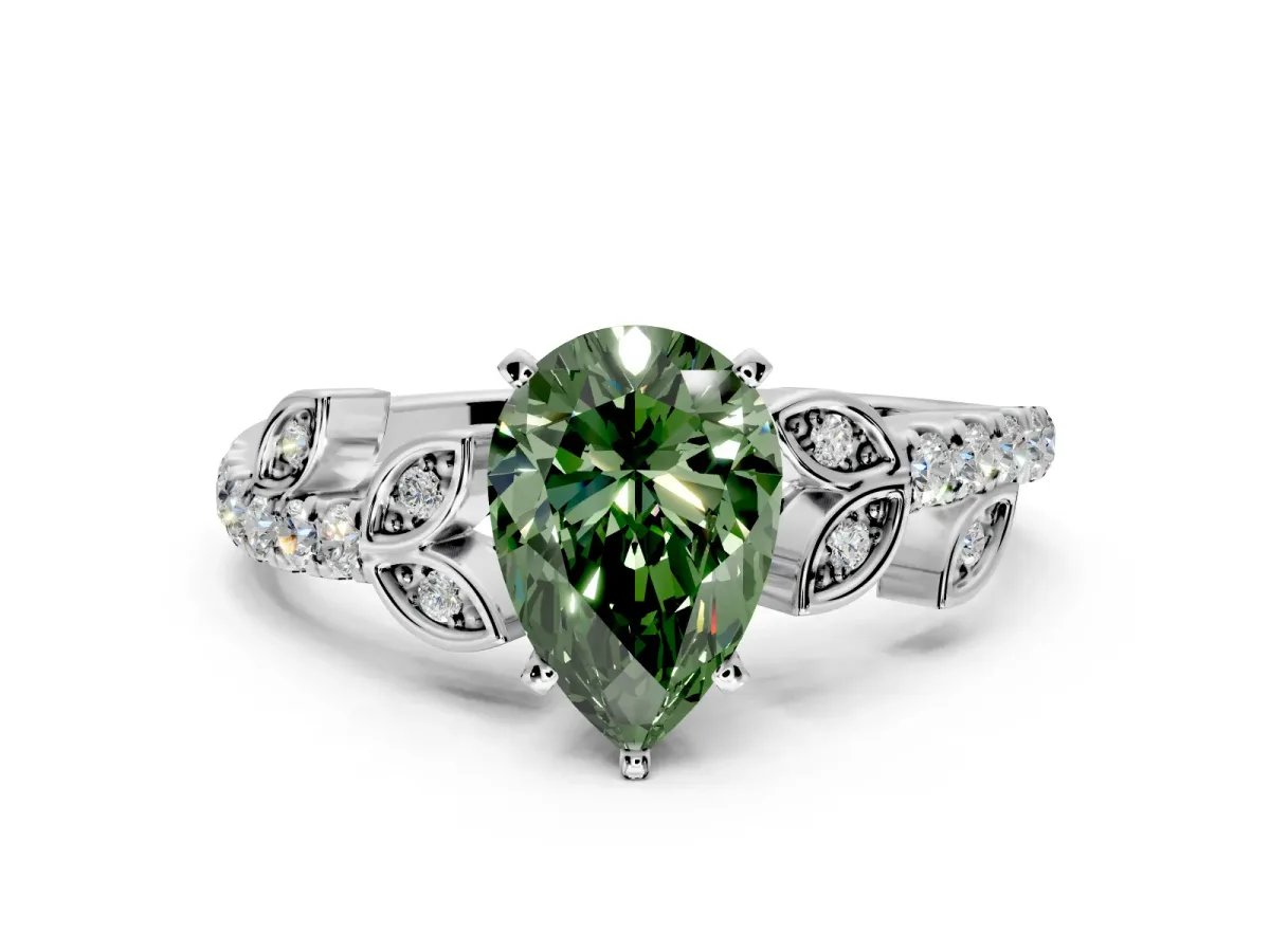 Leaf Motif Engagement Ring Setting for Fancy Green Pear-Shaped Center with Pave Band and Prong Head in Sterling Silver