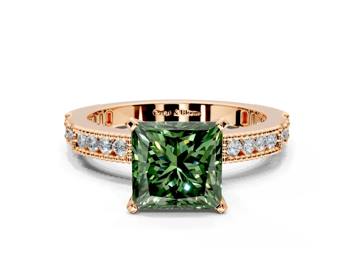 Solitaire Engagement Ring Setting for Fancy Green Princess Cut Center with Milgrain-Edged Pave Band and Prong Head in Rose Gold