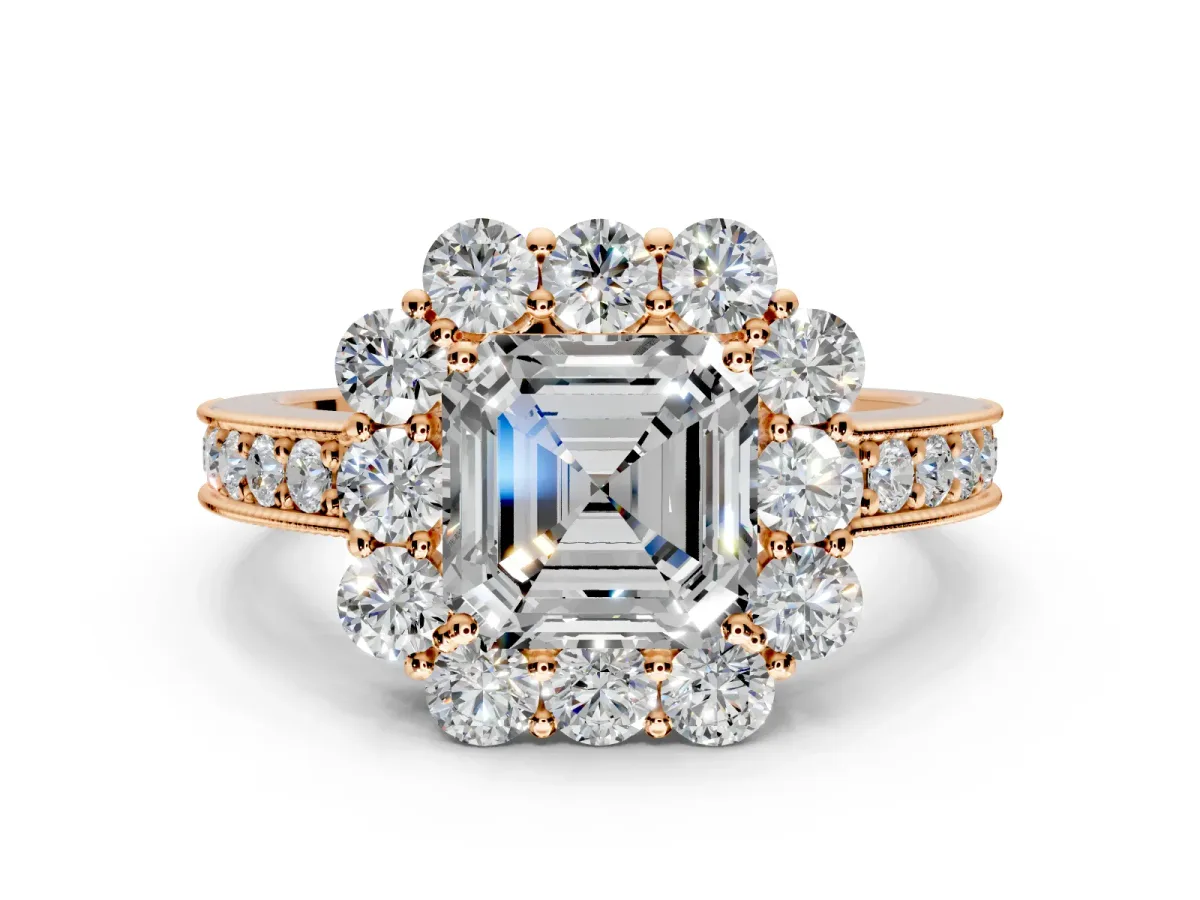 Halo Engagement Ring Setting for Asscher Cut Center with Milgrain Channel Band and Prong Head in Rose Gold
