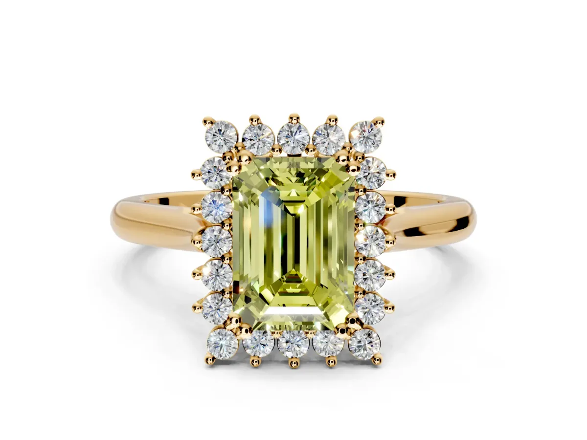 Starburst Halo Engagement Ring Setting for Fancy Yellow Emerald Cut Center with Thin Round-Wire Band and Prong Head in Yellow Gold