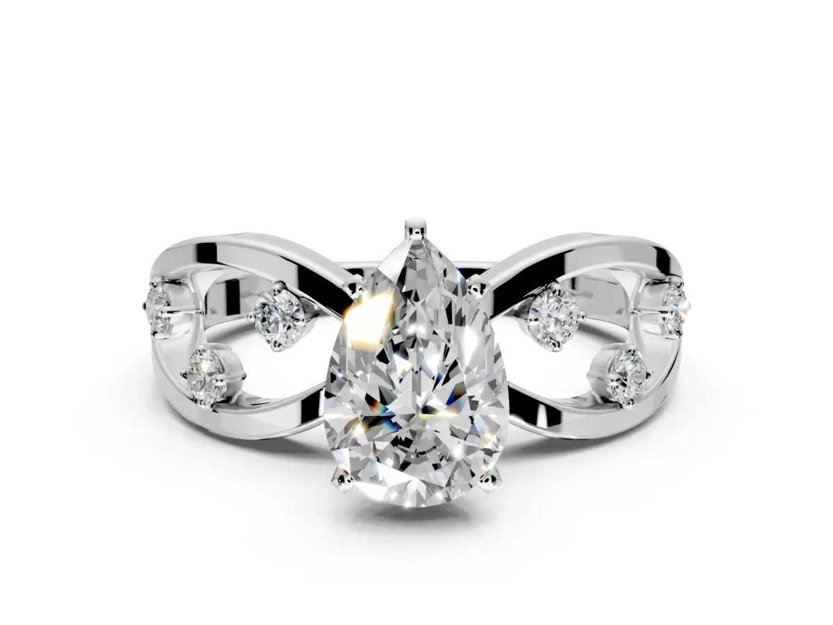 Solitaire Engagement Ring Setting for Pear-Shaped Center with Criss-Cross Accent Band and Prong Head in Platinum