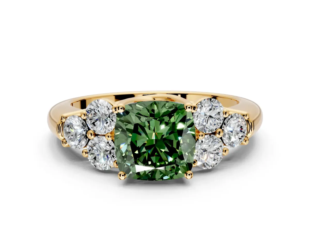 Cluster Engagement Ring Setting for Fancy Green Cushion Cut Center with Round Cut Accent Frame and Prong Head in Yellow Gold