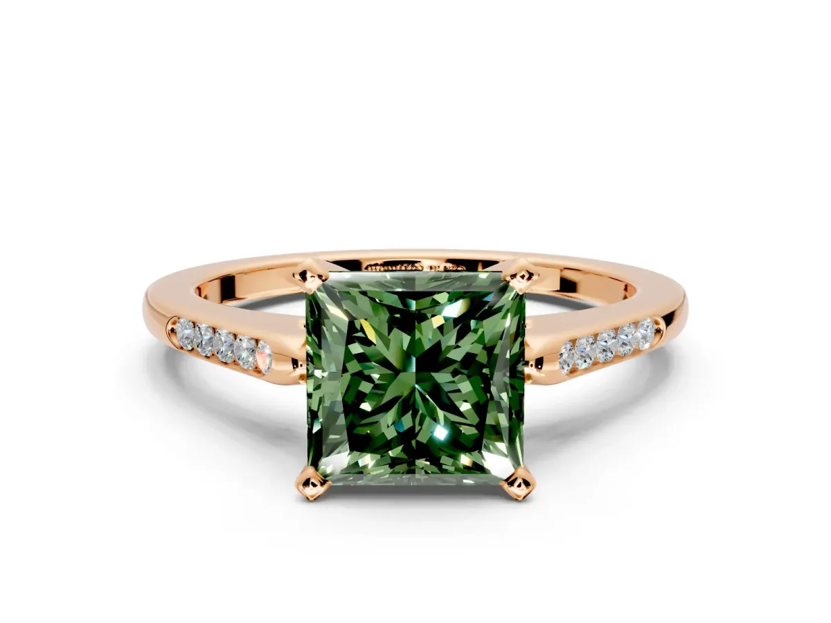 Solitaire Engagement Ring Setting for Fancy Green Princess Cut Center with Channel Accents and Prong Head in Rose Gold