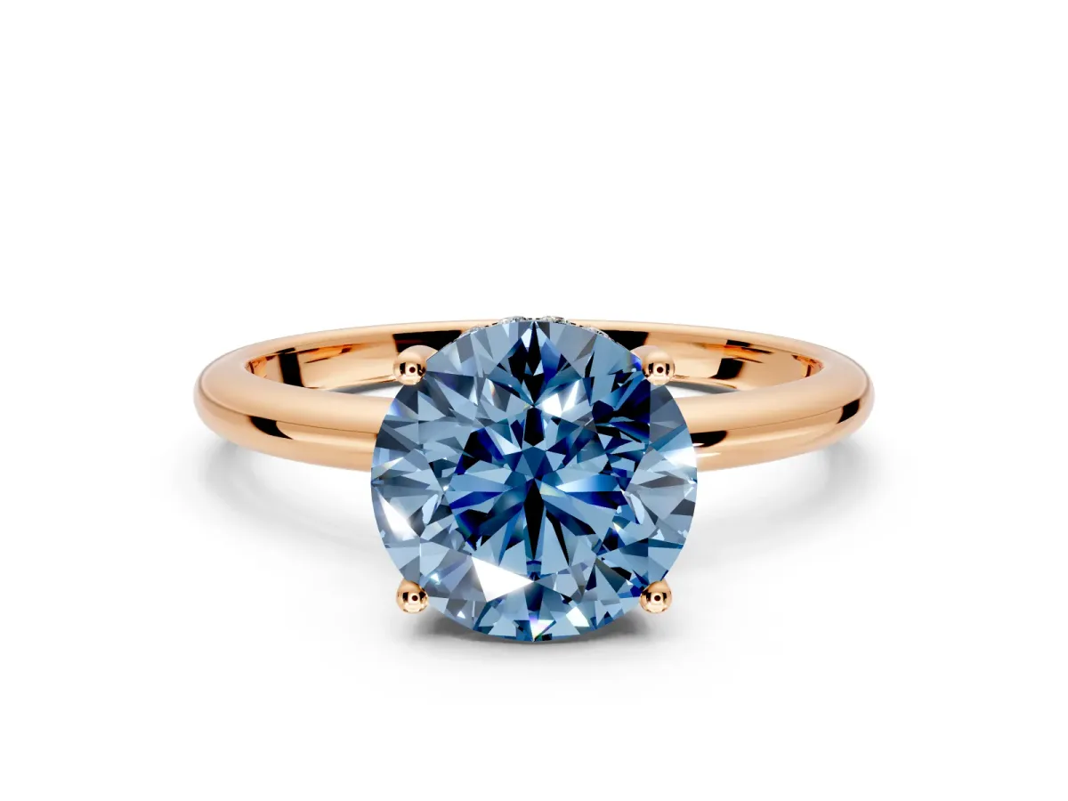 Hidden Halo Engagement Ring Setting for Fancy Blue Round Cut Center with Thin Round-Wire Band and Prong Head in Rose Gold