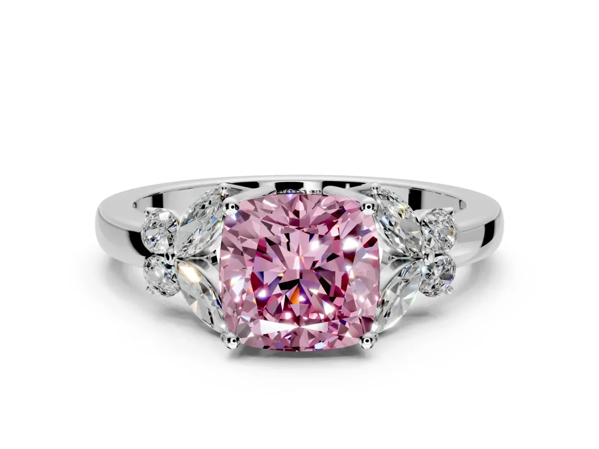 Solitaire Engagement Ring Setting for Fancy Pink Cushion Cut Center with Marquise Flower Shoulders and Prong Head in White Gold