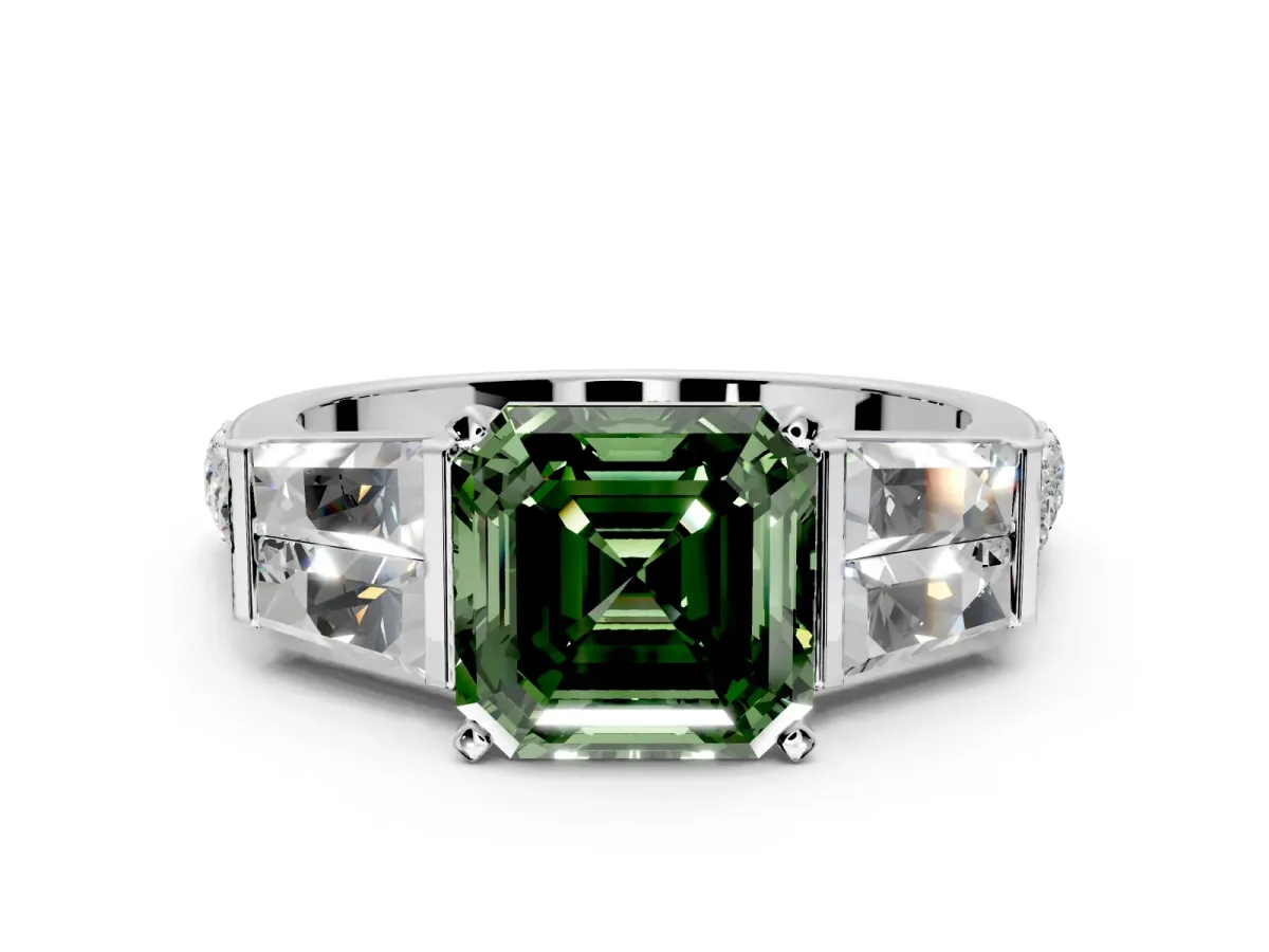 Channel-Set Engagement Ring Setting for Fancy Green Asscher Cut Center with Baguette Band and Prong Head in Platinum