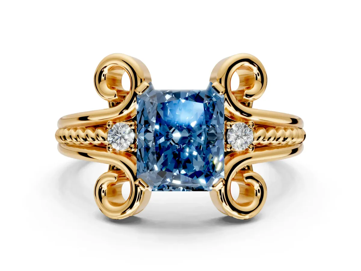 Solitaire Engagement Ring Setting for Fancy Blue Radiant Cut Center with Twisted Band and Scroll Prong Head in Yellow Gold