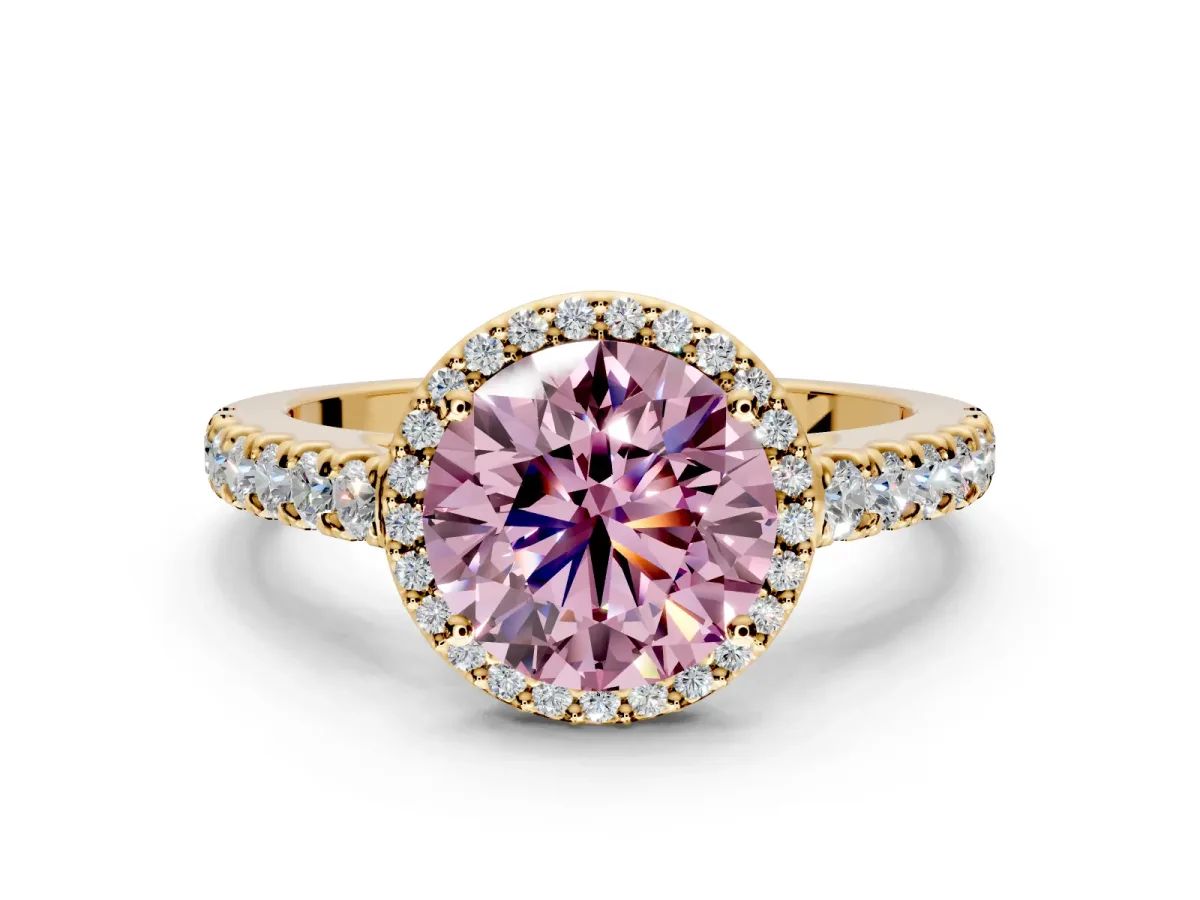 Halo Engagement Ring Setting for Fancy Pink Round Cut Center with Full Pave Band and Prong Head in Yellow Gold