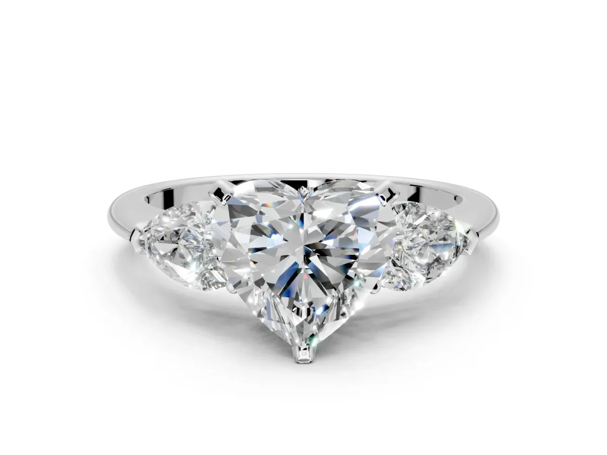 3 Stone Engagement Ring Setting for Heart-Shaped Center with Large Pear-Shaped Accents and Prong Head in Platinum