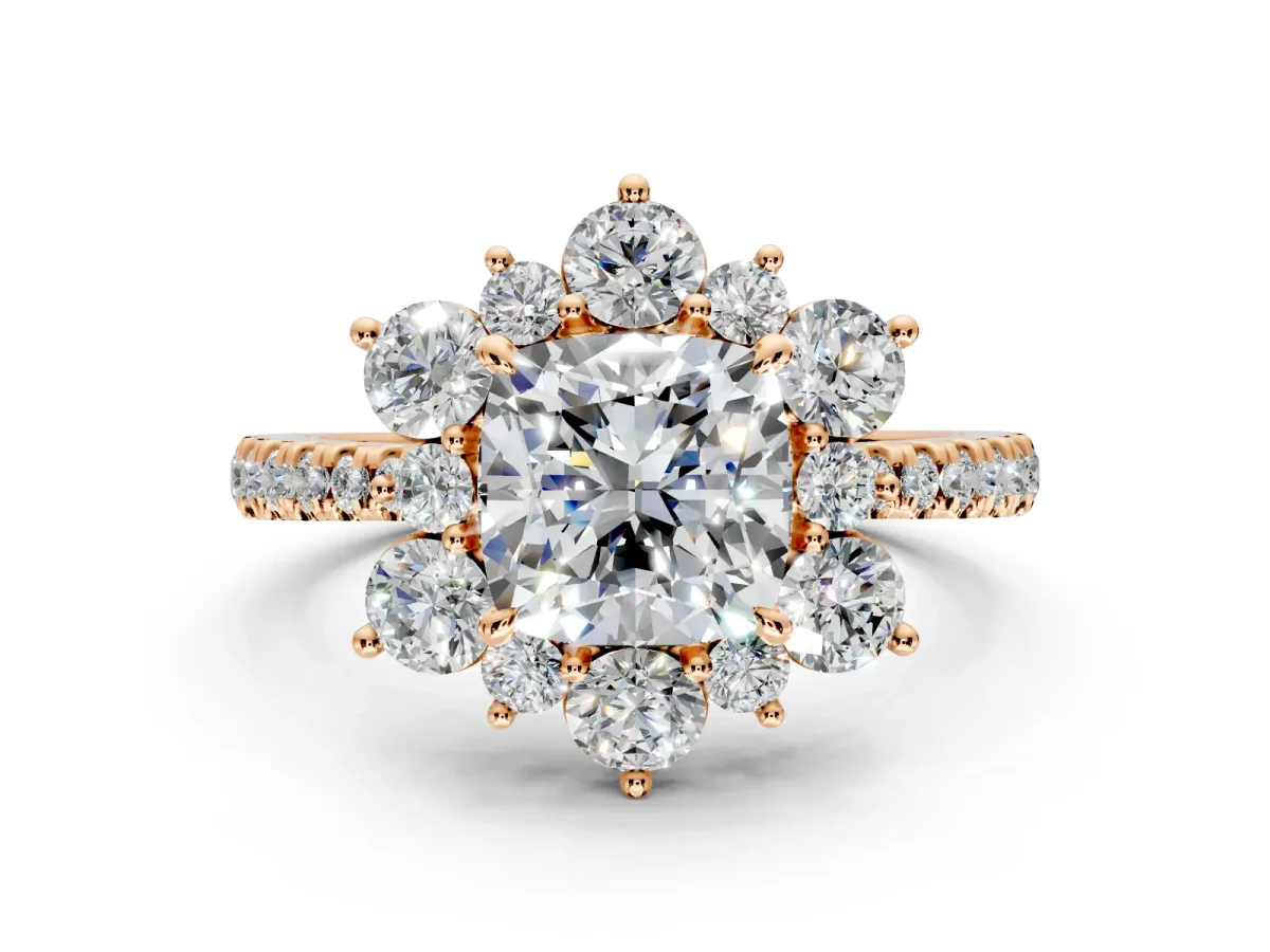Floral Halo Engagement Ring Setting for Cushion Cut Center with Pave Accents and Prong Head in Rose Gold