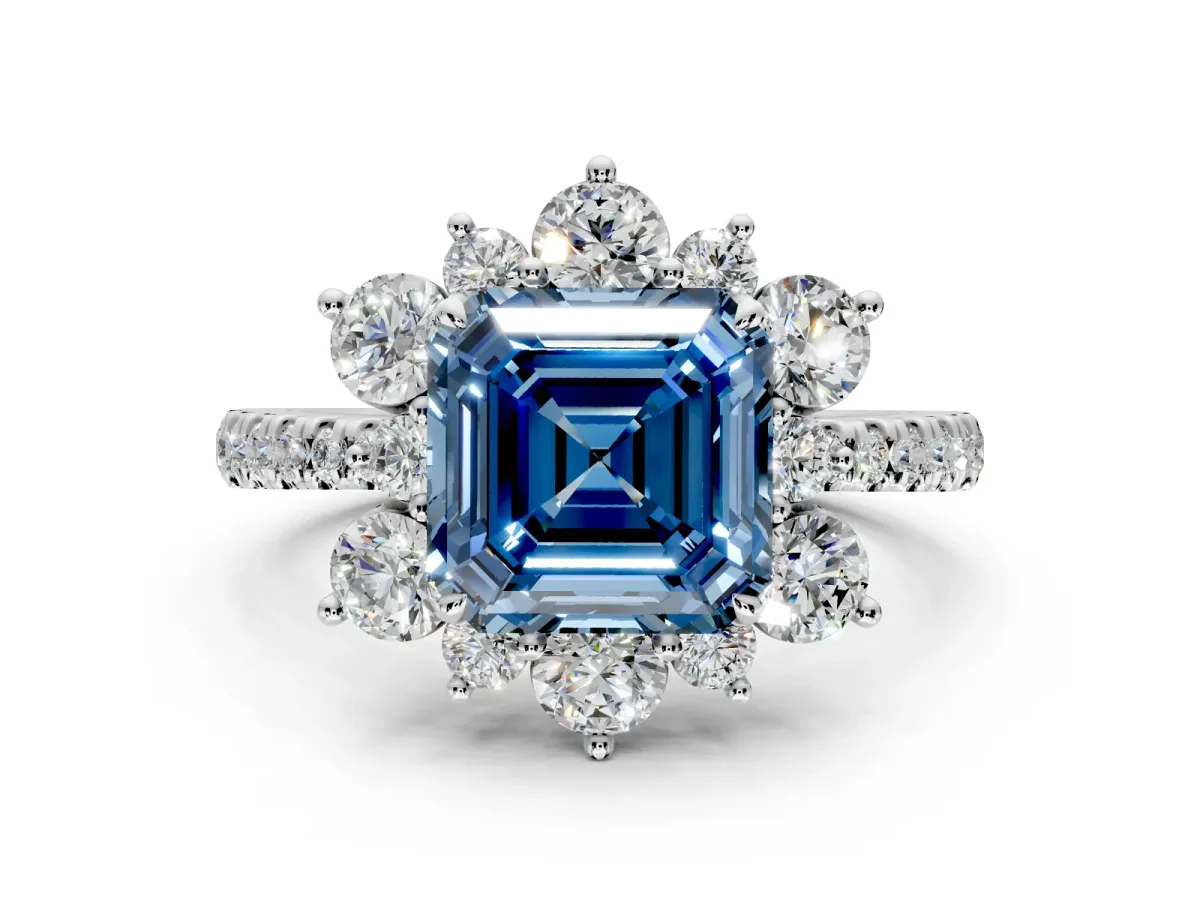 Floral Halo Engagement Ring Setting for Fancy Blue Asscher Cut Center with Pave Accents and Prong Head in Platinum