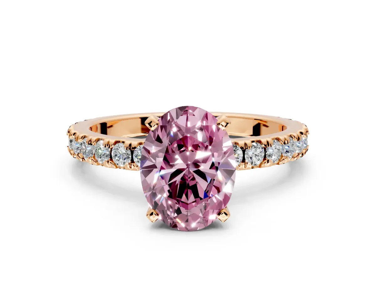 Solitaire Engagement Ring Setting for Fancy Pink Oval Center with Fine Pave Band and Claw Prong Head in Rose Gold