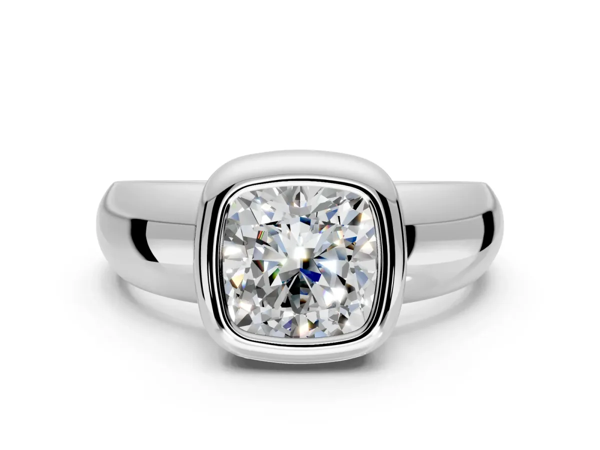 Solitaire Engagement Ring Setting for Cushion Cut Center with Wide Band and Bezel Head in Platinum