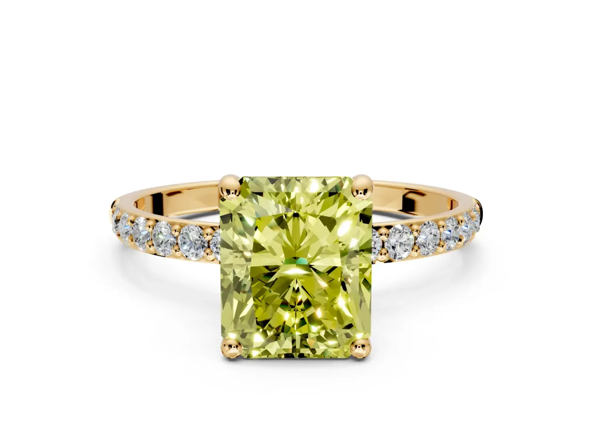 Solitaire Engagement Ring Setting for Fancy Yellow Radiant Cut Center with Pave Accents and Prong Head in Yellow Gold