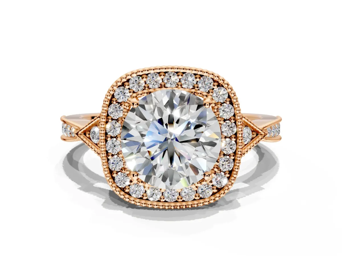 Halo Engagement Ring Setting for Round Cut Center with Milgrain Rim, Pave Band and Prong Head in Rose Gold
