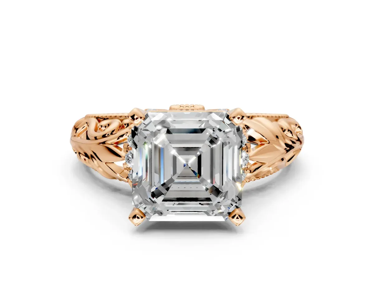 Solitaire Engagement Ring Setting for Asscher Cut Center with Filigree Accent Basket and Prong Head in Rose Gold