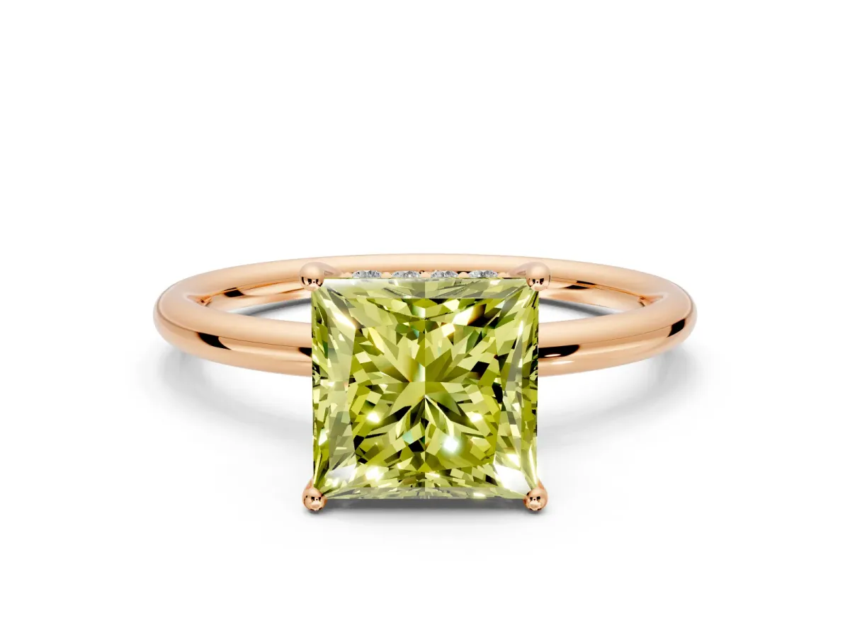 Solitaire Engagement Ring Setting for Fancy Yellow Princess Cut Center with Plain Band, Open Basket and Prong Head in Rose Gold