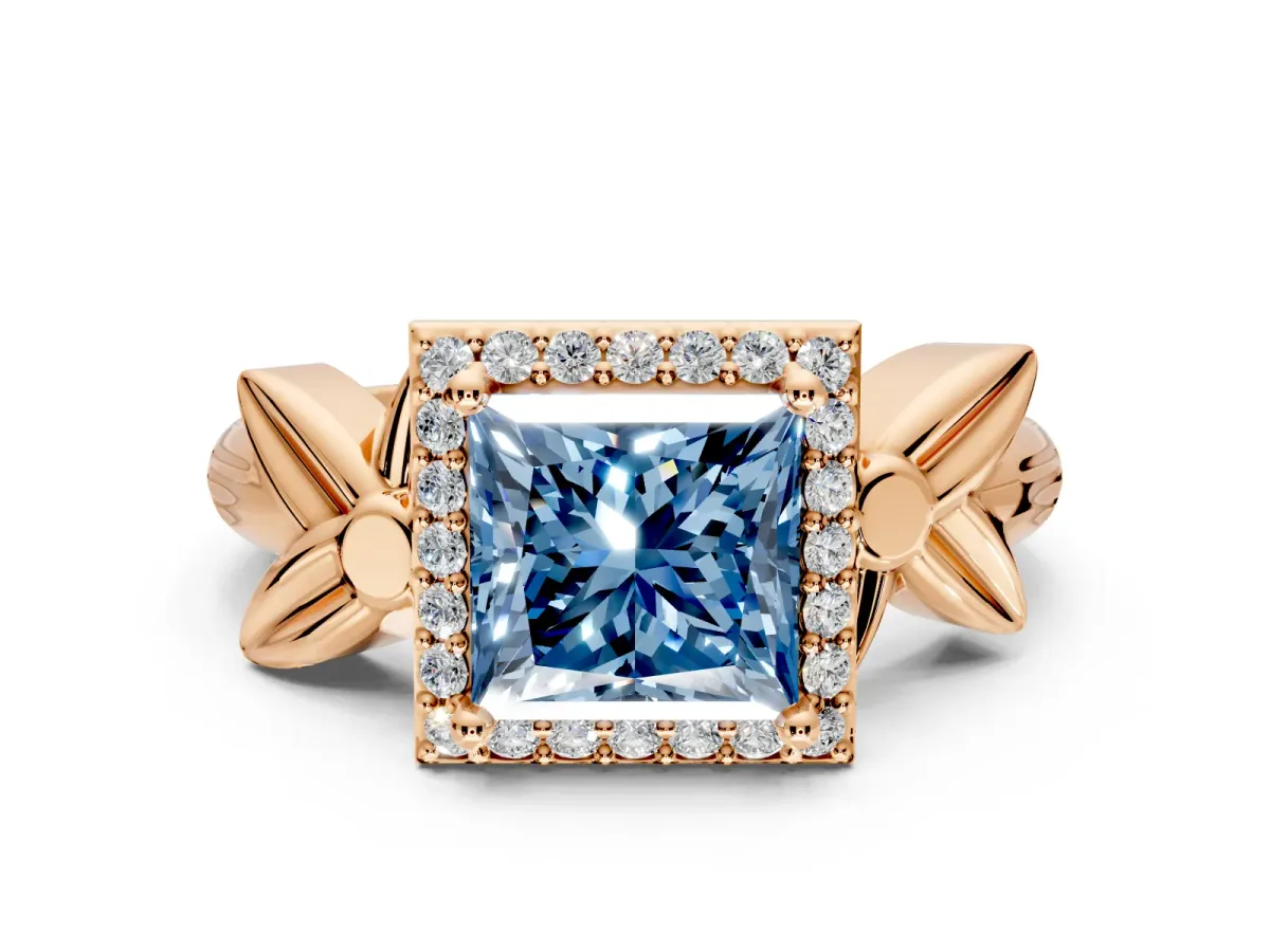 Halo Engagement Ring Setting for Fancy Blue Princess Cut Center with Floral Band and Prong Head in Rose Gold