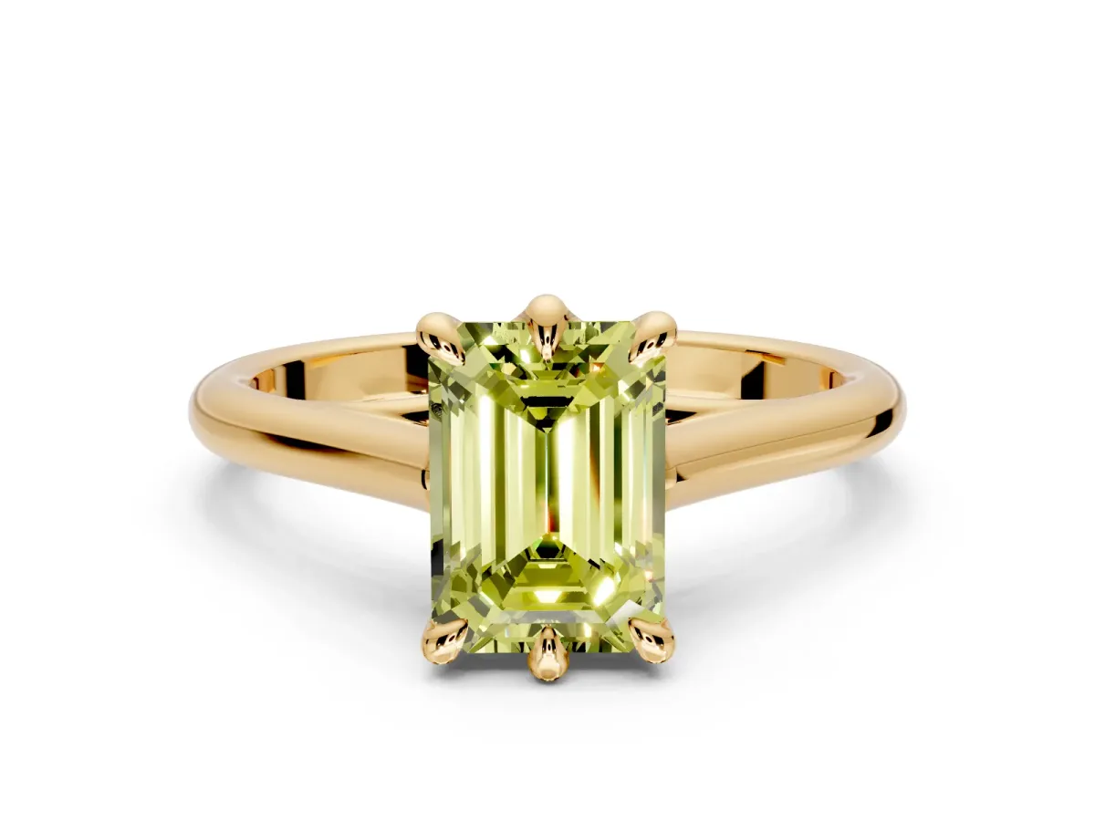 Solitaire Engagement Ring Setting for Fancy Yellow Emerald Cut Center with Cathedral Band and Prong Head in Yellow Gold