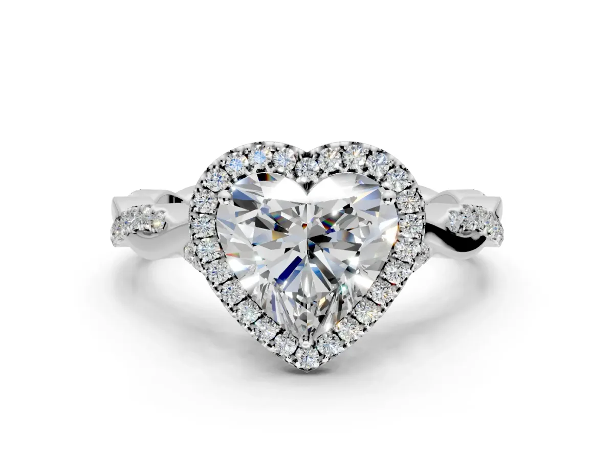 Halo Engagement Ring Setting for Heart-Shaped Center with Twist Band and Prong Head in Sterling Silver