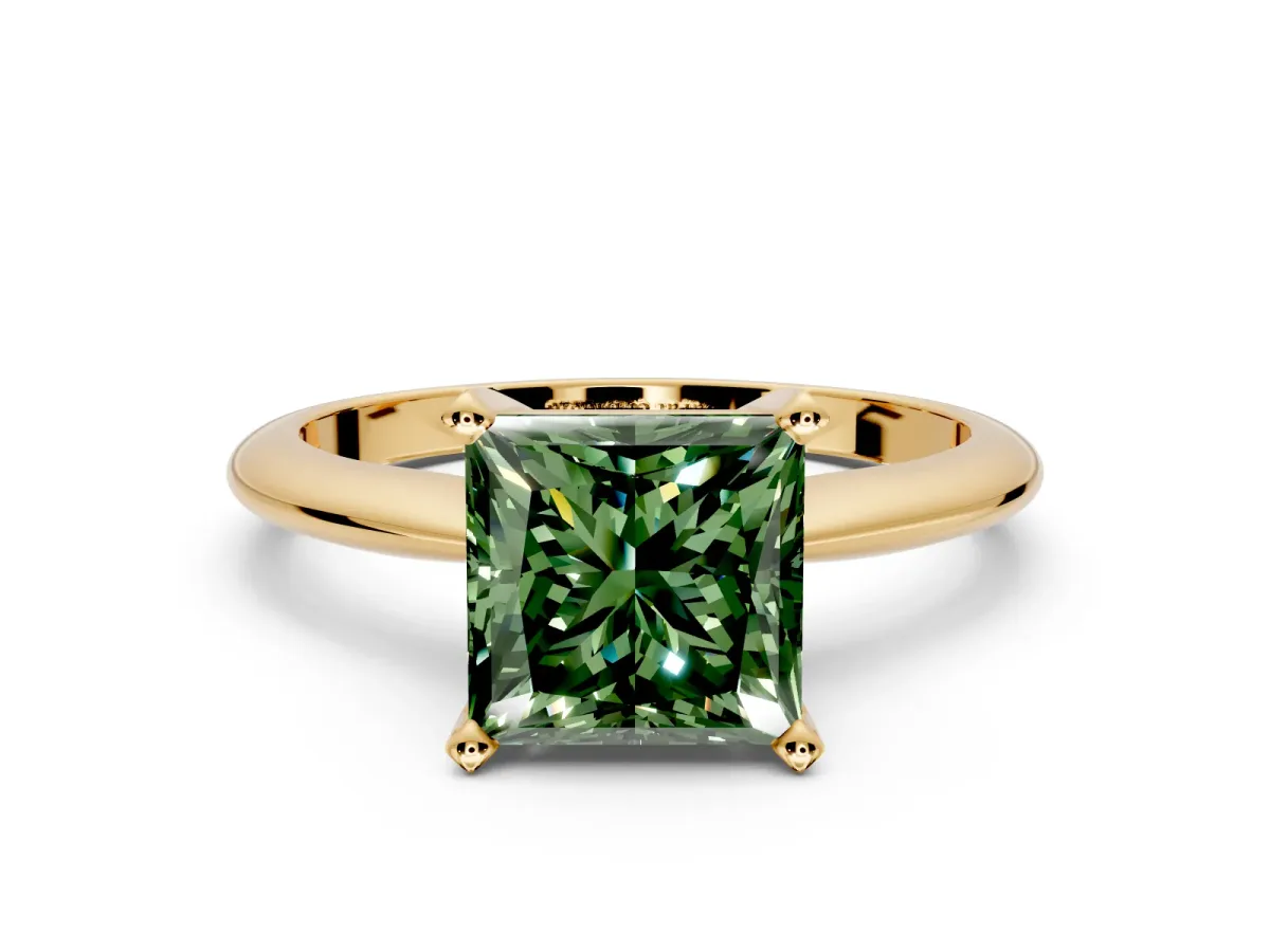 Solitaire Engagement Ring Setting for Fancy Green Princess Cut Center with Knife Ridge Band and Claw Prong Head in Yellow Gold
