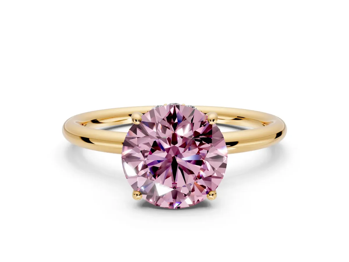 Solitaire Engagement Ring Setting for Fancy Pink Round Cut Center with Plain Band, Open Basket and Prong Head in Yellow Gold