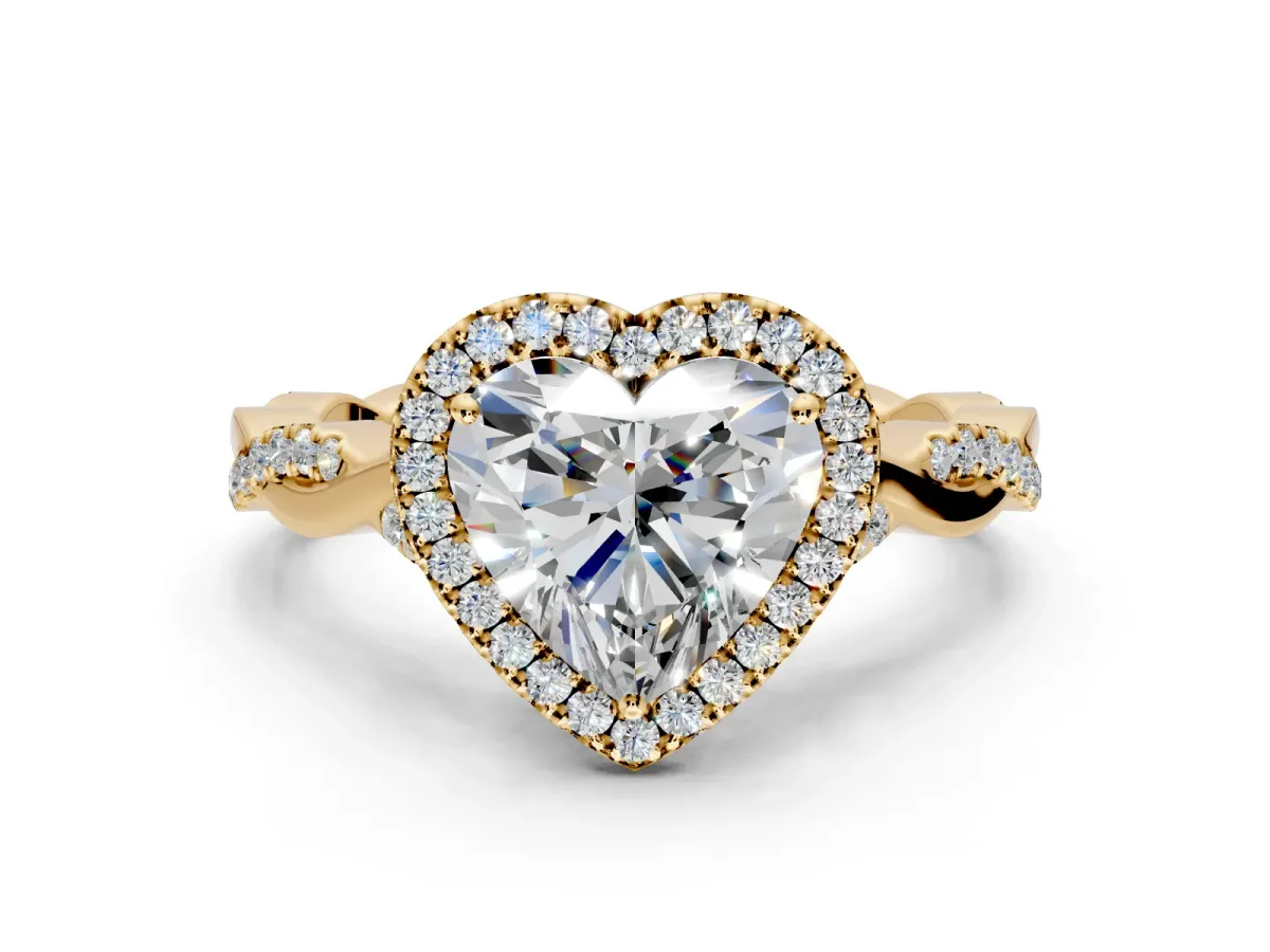 Halo Engagement Ring Setting for Heart-Shaped Center with Twist Band and Prong Head in Yellow Gold