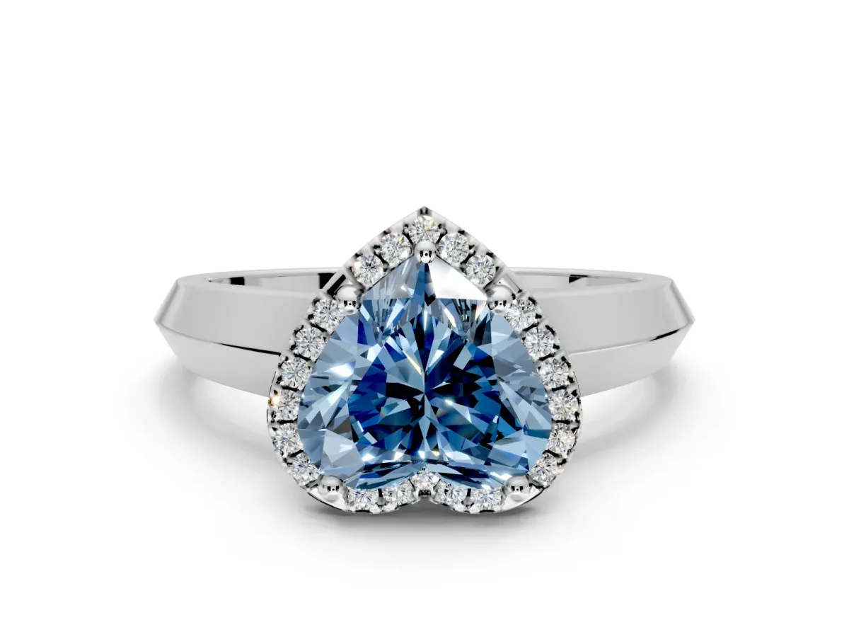 Halo Engagement Ring Setting for Fancy Blue Heart-Shaped Center with Knife Ridge Cathedral Band and Prong Head in White Gold