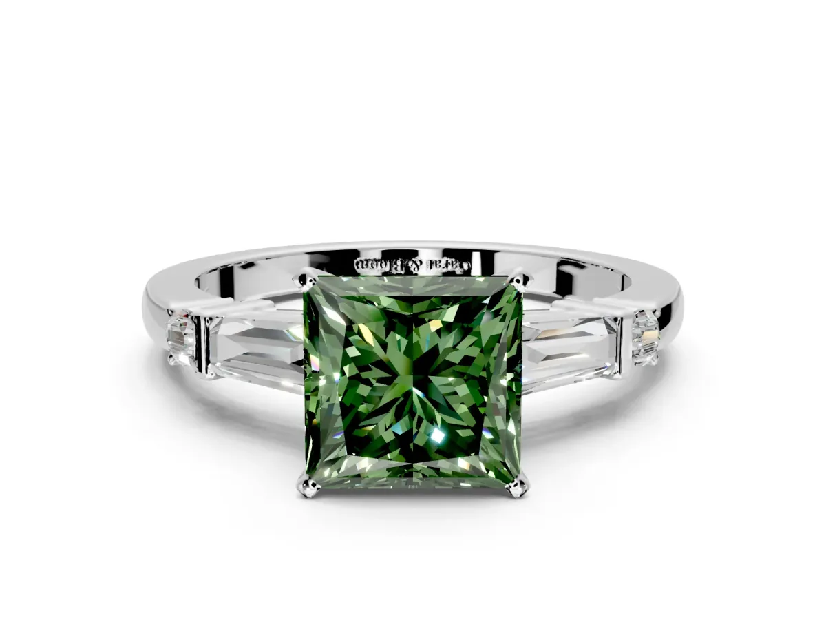 Bar-Set Engagement Ring Setting for Fancy Green Princess Cut Center with Tapered Baguette Accents and Prong Head in White Gold