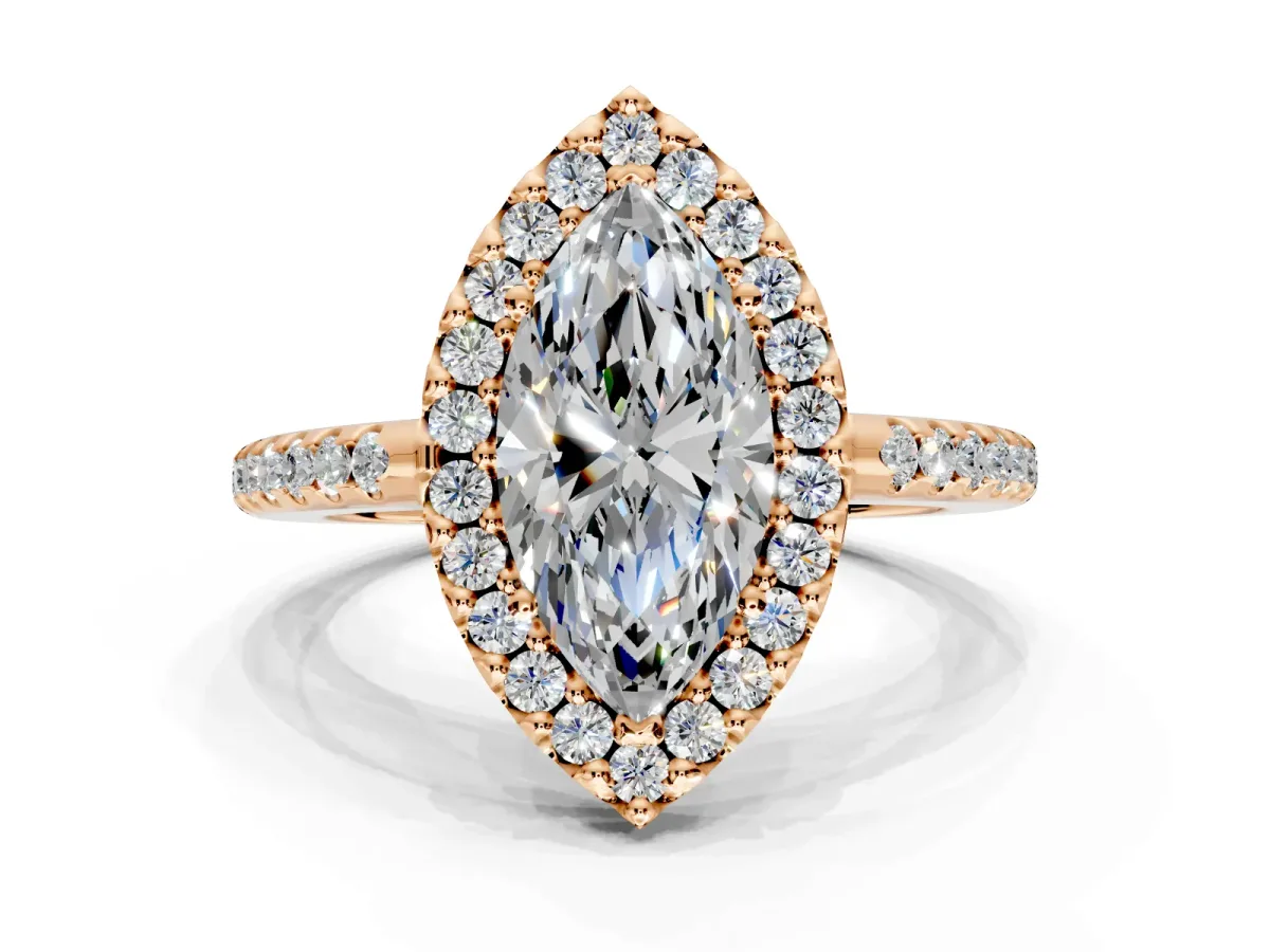 Pave Halo Engagement Ring Setting for Marquise Center with Single Row Pave Band and Prong Head in Rose Gold