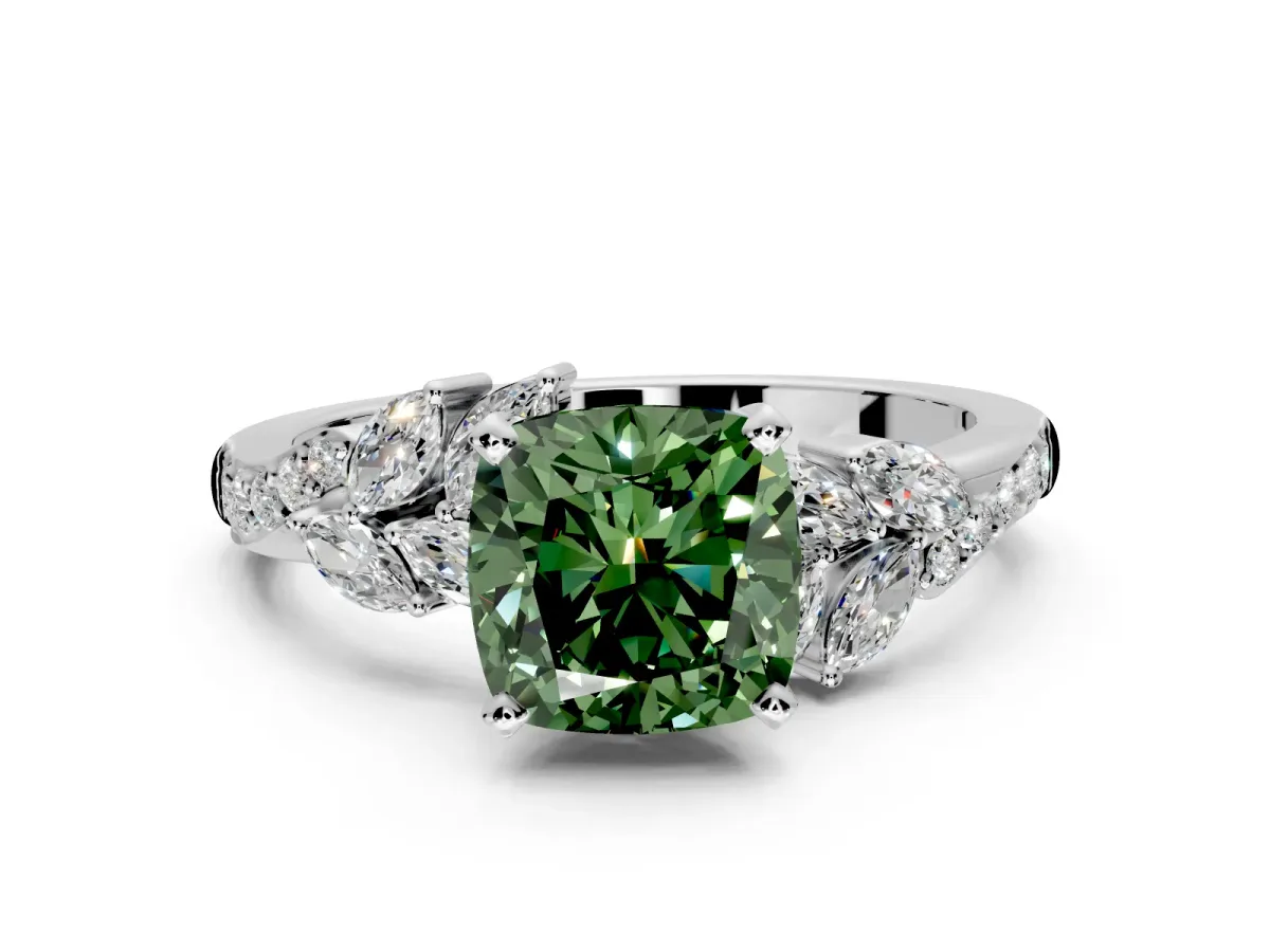 Solitaire Engagement Ring Setting for Fancy Green Cushion Cut Center with Marquise Accent Twist Band and Prong Head in Sterling Silver