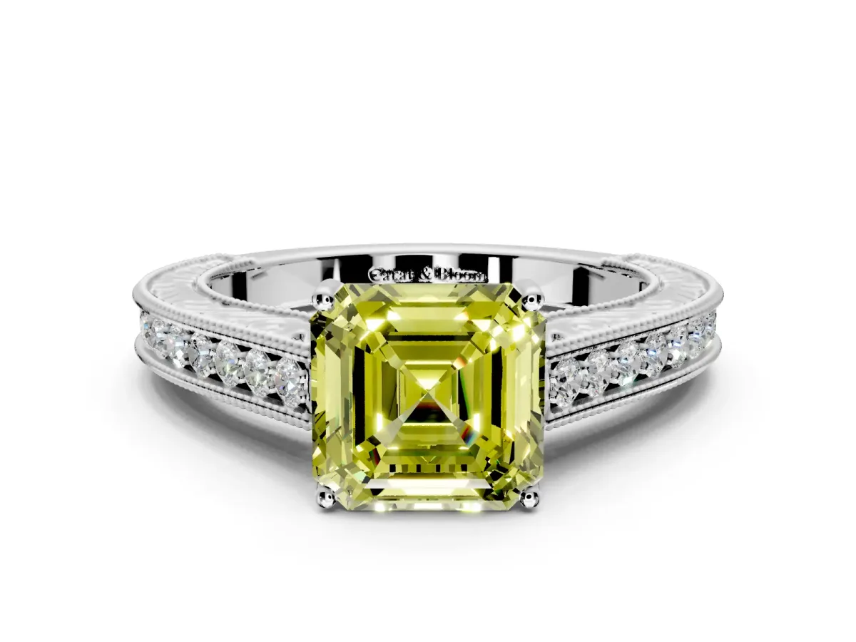 Solitaire Engagement Ring Setting for Fancy Yellow Asscher Cut Center with Engraved Pave Band and Prong Head in Platinum
