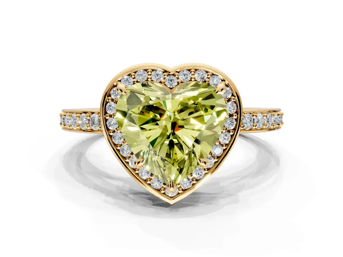Halo Engagement Ring Setting for Fancy Yellow Heart-Shaped Center with Metal-Rimmed Halo, Pave Band and Prong Head in Yellow Gold