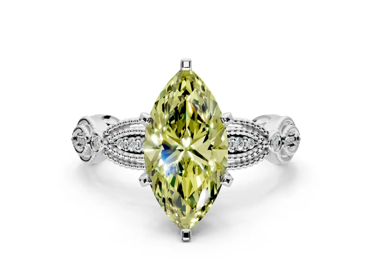Solitaire Engagement Ring Setting for Fancy Yellow Marquise Center with Marquise Panel Band and Prong Head in Platinum