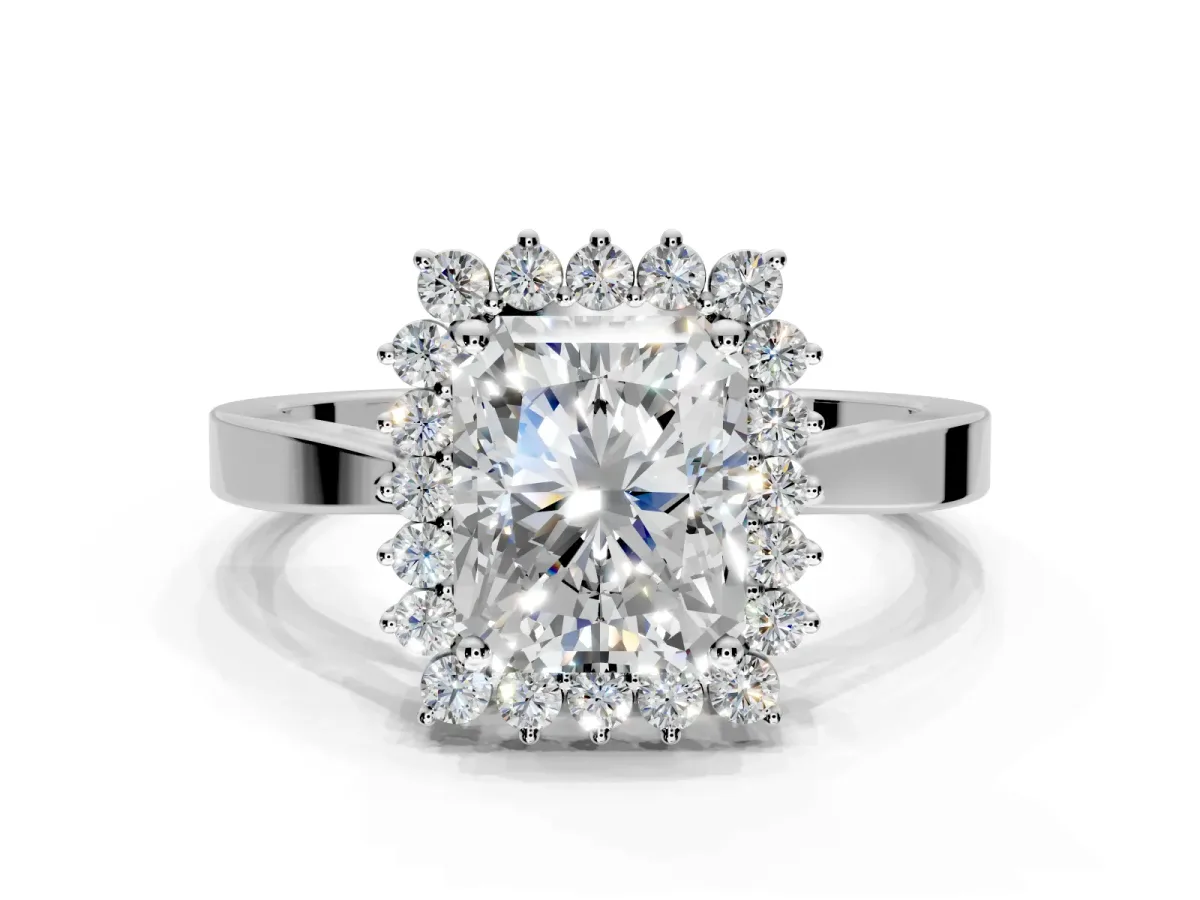 Starburst Halo Engagement Ring Setting for Radiant Cut Center with Flat Cathedral Band and Prong Head in Sterling Silver