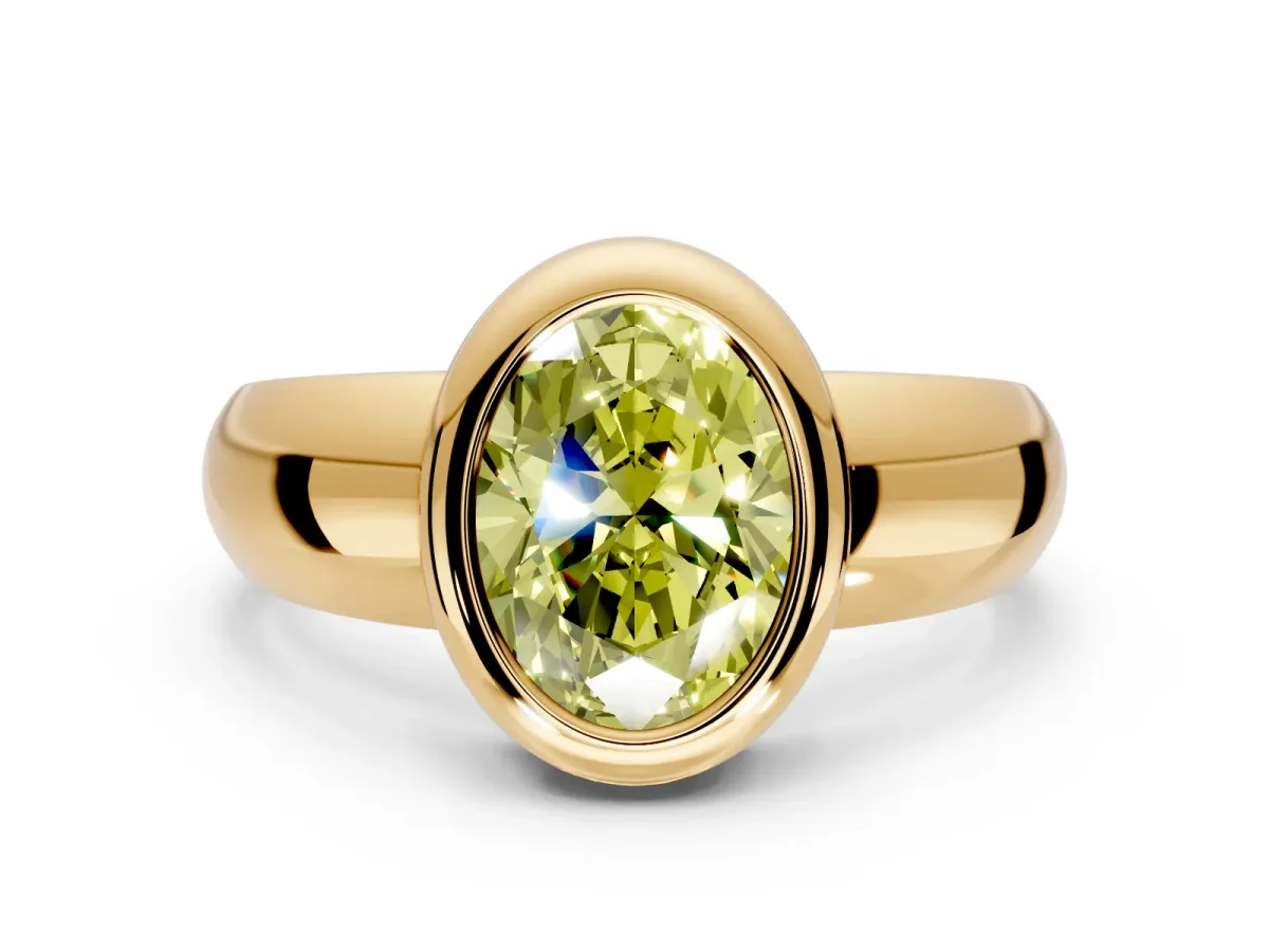 Solitaire Engagement Ring Setting for Fancy Yellow Oval Center with Wide Band and Bezel Head in Yellow Gold