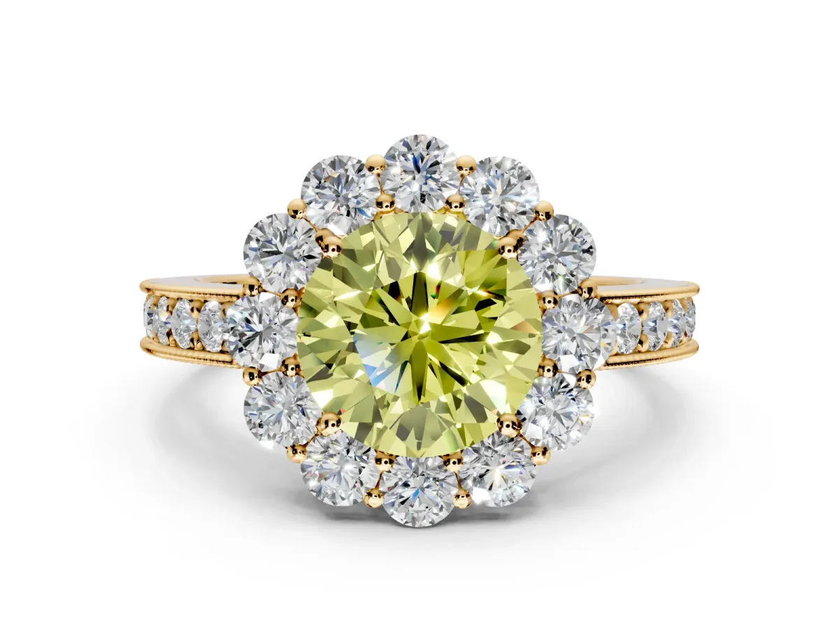 Halo Engagement Ring Setting for Fancy Yellow Round Cut Center with Milgrain Channel Band and Prong Head in Yellow Gold