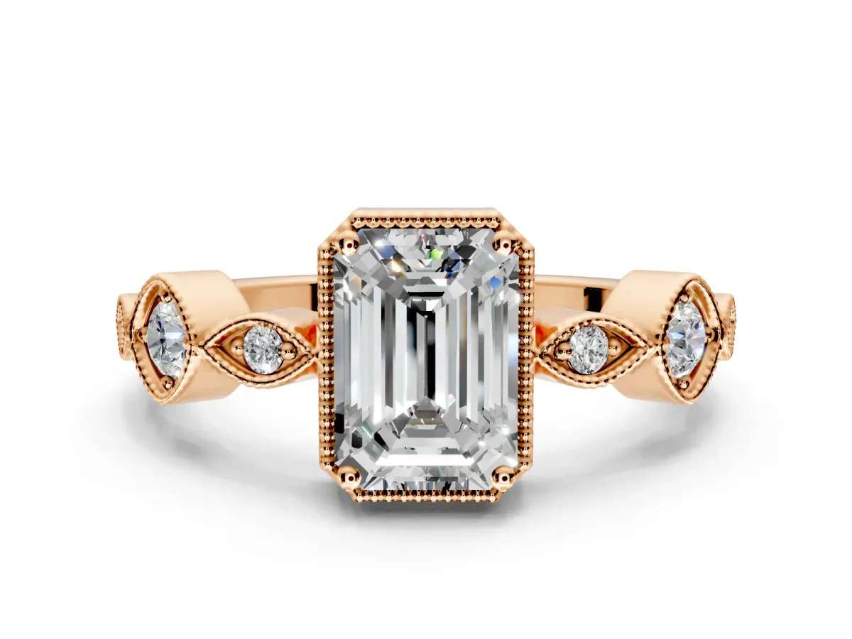 Vintage Station Engagement Ring Setting for Emerald Cut Center with Accents and Prong Head in Rose Gold