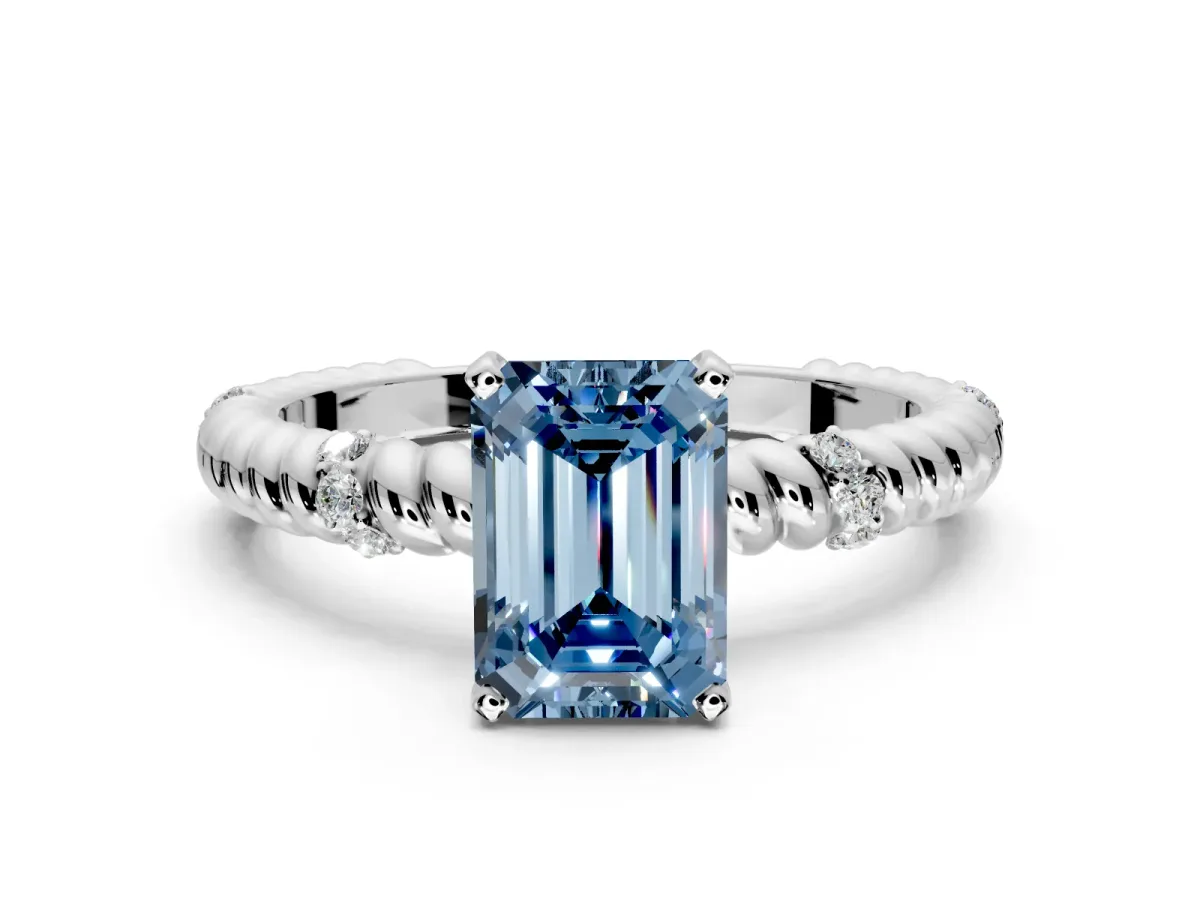 Rope Engagement Ring Setting for Fancy Blue Emerald Cut Center with Accent Shoulders and Prong Head in Sterling Silver