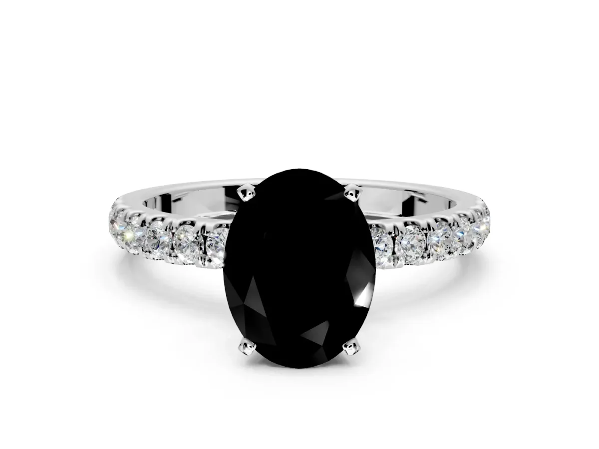 Open Basket Engagement Ring Setting for Fancy Black Oval Center with Pave Band and Prong Head in Platinum
