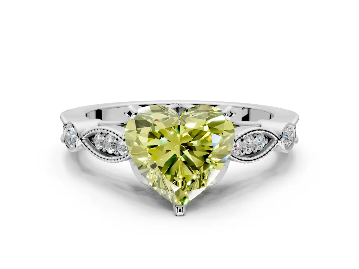 Solitaire Engagement Ring Setting for Fancy Yellow Heart-Shaped Center with Marquise and Bezel Accents and Prong Head in Sterling Silver