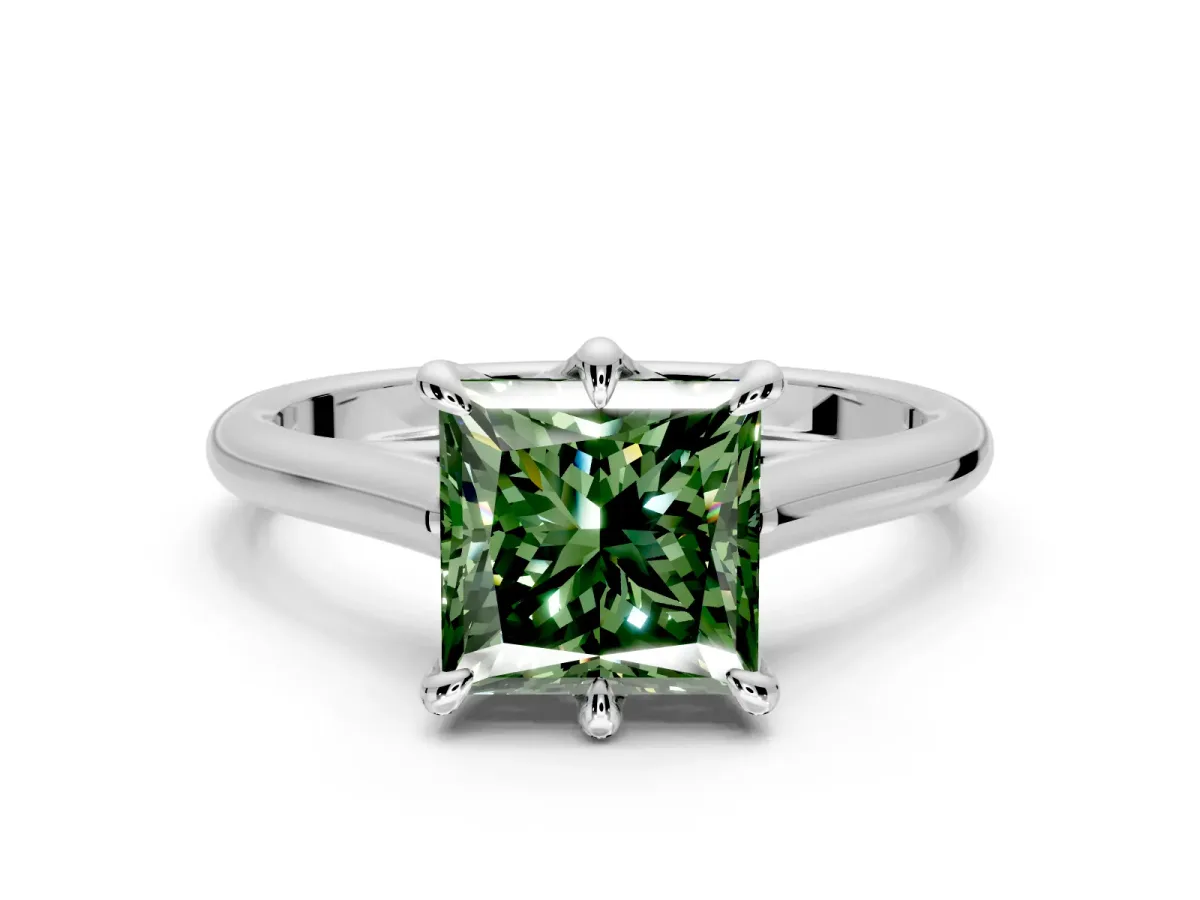 Solitaire Engagement Ring Setting for Fancy Green Princess Cut Center with Cathedral Band and Prong Head in White Gold