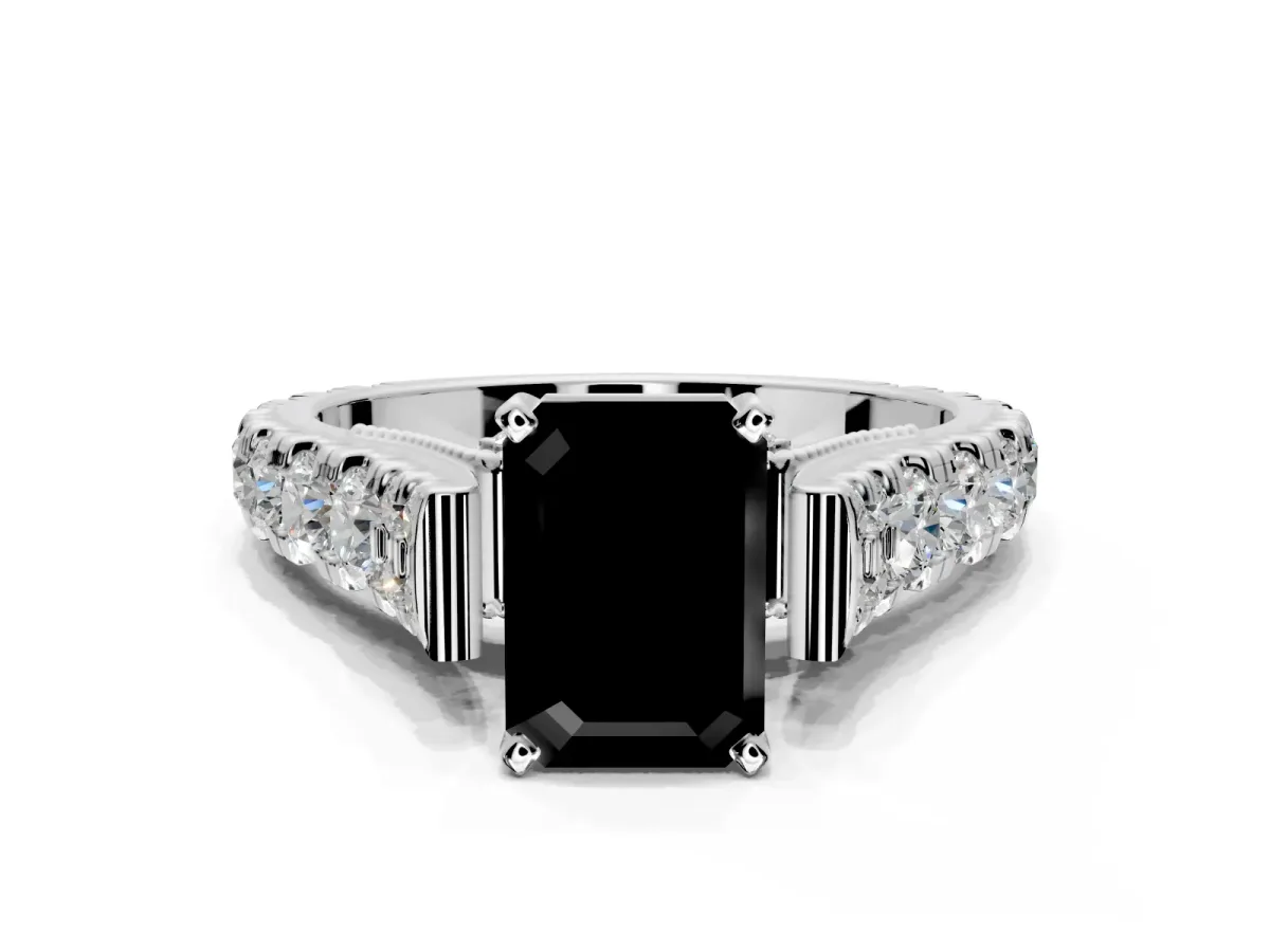 Solitaire Engagement Ring Setting for Fancy Black Emerald Cut Center with Pave Cathedral Shoulders and Prong Head in Platinum