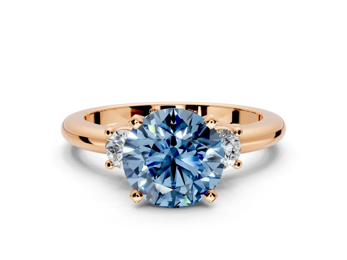 3 Stone Engagement Ring Setting for Fancy Blue Round Cut Center with Wide Plain Band and Prong Head in Rose Gold