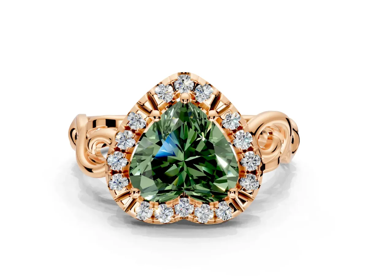 Halo Engagement Ring Setting for Fancy Green Heart-Shaped Center with Open Scroll Shoulders and Prong Head in Rose Gold