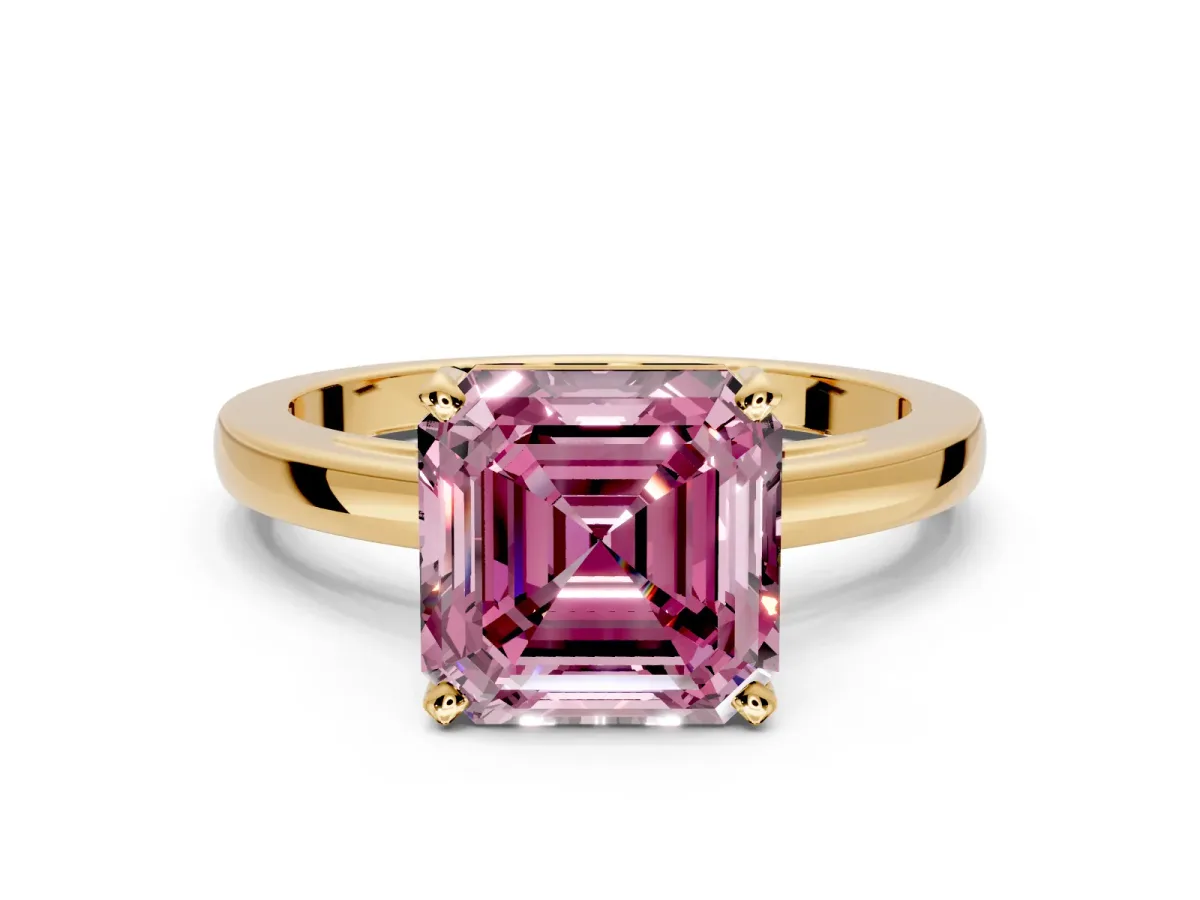 Solitaire Engagement Ring Setting for Fancy Pink Asscher Cut Center with Basket Rail and Prong Head in Yellow Gold