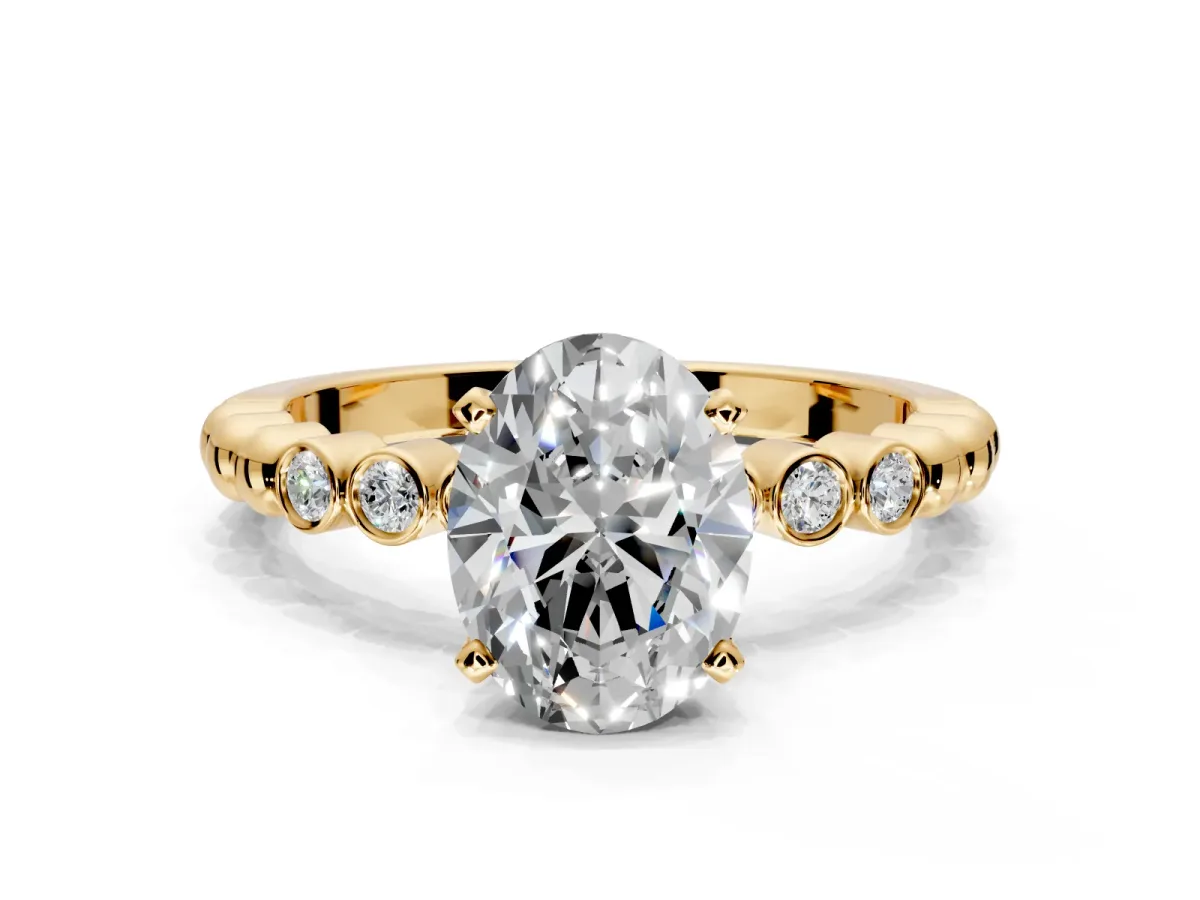 Solitaire Engagement Ring Setting for Oval Center with Bezel-Dot Beaded Band and Prong Head in Yellow Gold
